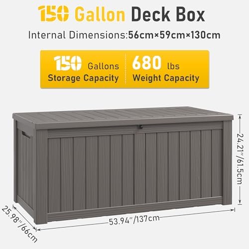150 Gal Deck Box,Outdoor Storage Box Waterproof Lockable,Gas Lift,Grey