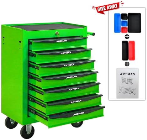Heavy Duty 7-Drawer Rolling Tool Chest, Key Lock Tool Storage Cabinet with Lockable Casters & Drawer Liners, Mobile Tool Organizer Cart for Garage Workshop Warehouse Repair Shop (Green)