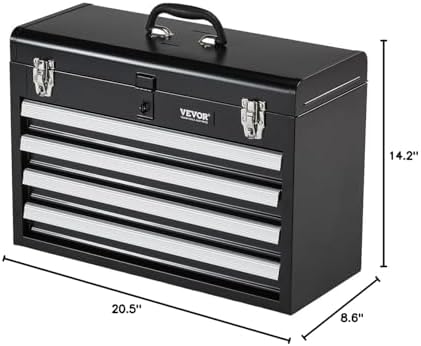 VEVOR Metal Tool Box, 20.5-inch, Portable Metal Tool Box with 4 Drawers, Small Tool Chest with EVA Liners, Ball Bearing Slide Drawers Locking & Powder Coated Finish, Multi-Function Tool Organizer