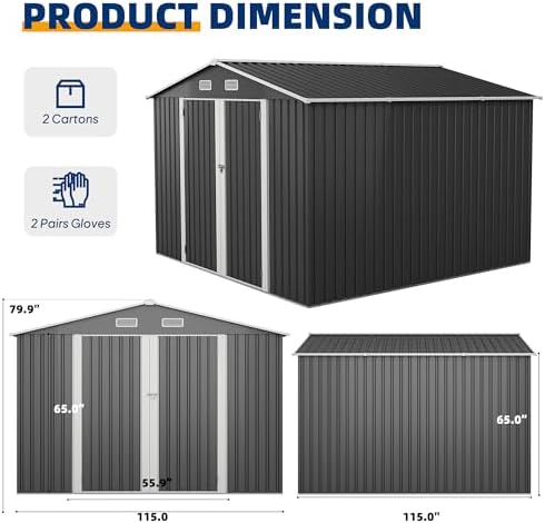 UDPATIO 10X10 FT Outdoor Storage Shed, Metal Shed for Patio&Garden,Grey