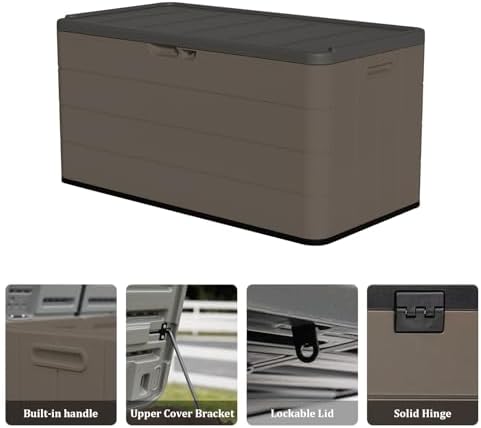 ZZM 110 Gallon Outdoor Deck Box with Wheels, Waterproof Resin Storage Cabinet for Patio Cushion and Tools, Lockable Storage Box, Coffee