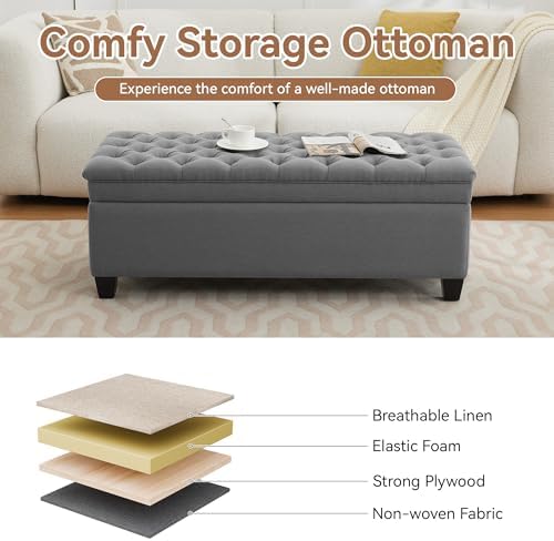 WUTUTUEE 50" Fabric Storage Ottoman Bench, Upholstered Rectangle End of Bed Storage Ottoman Tufted Living Room Bedroom Bench with Safety Hinge, Solid Wood Legs, Loads 500 lb(Dark Grey)