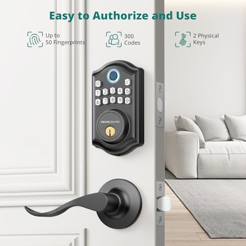 AkaGear Fingerprint Keyless Entry Door Lock with Lever Handle Set, Black