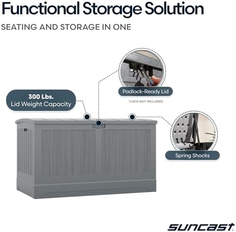 Suncast XL Deck Box, 200 Gal, All Weather, Pad-Lockable Lid, Dove Gray