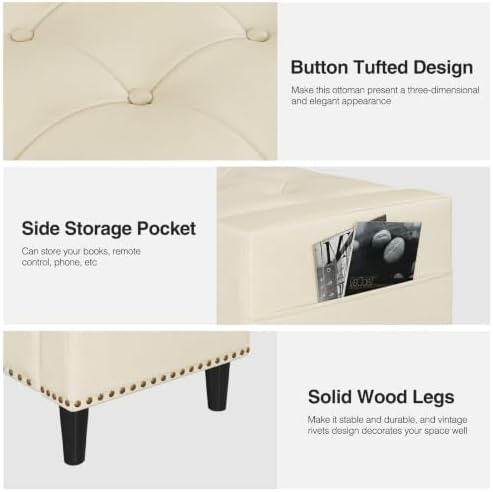 60" Storage Ottoman Bench, Faux Leather Upholstered Bed Bench, Cream White