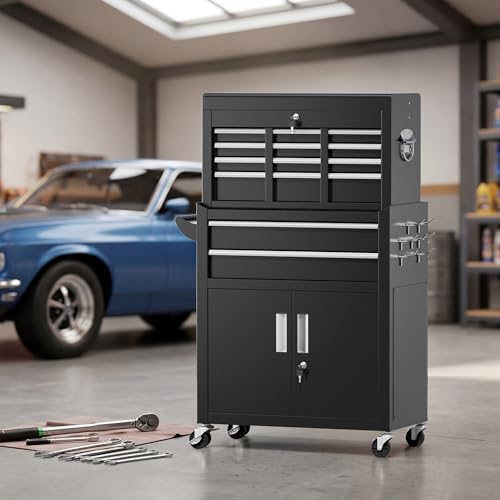 Greenvelly 8 Drawers Rolling Tool Chest, Detachable Top Tool Box with Wheels & Side Hooks, Lockable Metal Tool Cabinet with Liners and Tray Divider for Garage, Warehouse, Workshop, Black