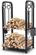 SereneLife Heavy Duty Firewood Rack Holder, Metal Log Storage Organizer with Shelves & Fireplace Tools, Black Powder Coated Wood Stacker for Indoor Fireplace, Outdoor Patio, Deck, Backyard