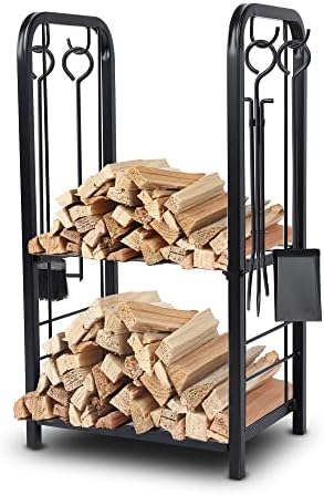 SereneLife Heavy Duty Firewood Rack Holder, Metal Log Storage Organizer with Shelves & Fireplace Tools, Black Powder Coated Wood Stacker for Indoor Fireplace, Outdoor Patio, Deck, Backyard