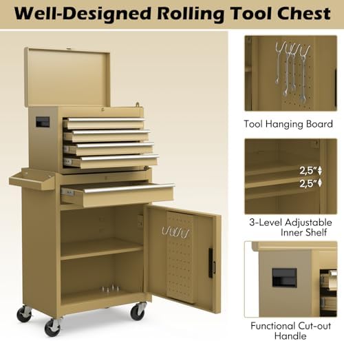 IRONMAX 2-in-1 Detachable Rolling Metal Tool Chest, 5 Drawers, Sand Yellow