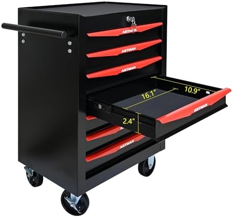 Heavy Duty 7-Drawer Rolling Tool Chest, Key Lock Tool Storage Cabinet with Lockable Casters & Drawer Liners, Mobile Tool Organizer Cart for Garage Workshop Warehouse Repair Shop (Black)