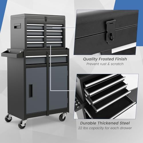 DREAMADE 5-Drawer Tool Chest Combo, Rolling Tool Cabinet w/Detachable Top Tool Box, Adjustable Shelves, Lockable Wheels, Metal Tool Box for Garage, Workshop, Repair Shop Storage (Grey)