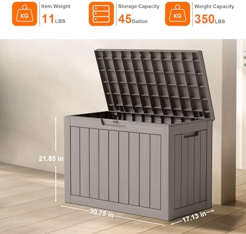 PatioZen 45 Gallon Resin Deck Box,Waterproof Outside Storage Boxes, Patio Outdoor Storage Box for Furniture, Garden Tools and Tools Storage, Grey
