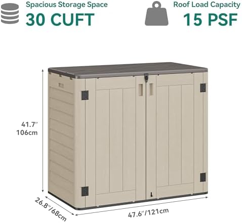 YITAHOME Outdoor Storage Shed w/o Shelf, 30 cu ft Horizontal Storage Shed Outdoor, Resin Waterproof Storage Cabinet for Garage, Poolside, Bikes, and Garden (Khaki + Black)