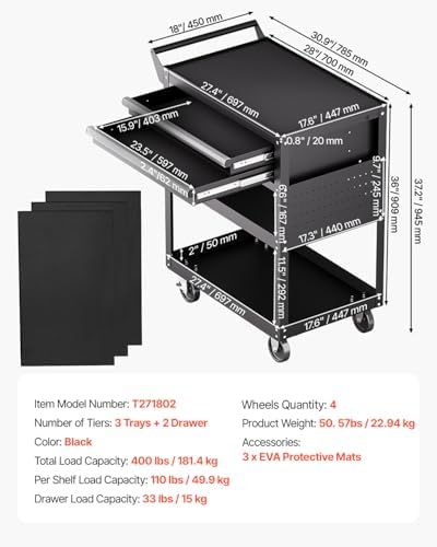 VEVOR 5-Tier Tool Cart with Wheels, 400 lbs Load Capacity, Rolling Work Cart with 2 Drawers & Pegboard, Mechanic Tool Storage Organizer with Locking System for Garage, Warehouse and Repair Shop, Black