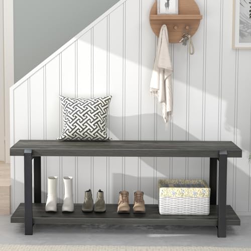 EXCEFUR Industrial Entryway Bench with Storage, Rustic Wood and Metal Shoe Rack Bench Seat, 47 Inch Grey