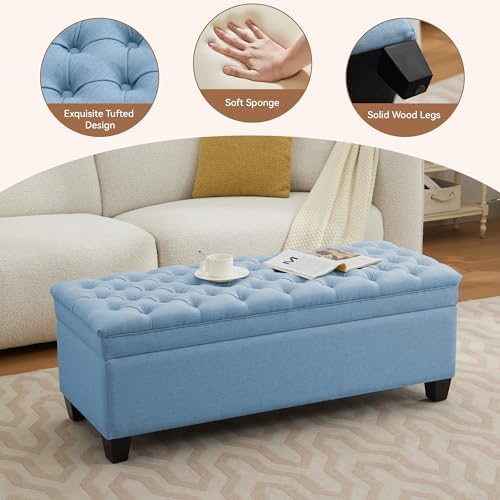 WUTUTUEE 50" Fabric Storage Ottoman Bench, Upholstered Rectangle End of Bed Storage Ottoman Tufted Living Room Bedroom Bench with Safety Hinge, Solid Wood Legs, Loads 500 lb(Light Blue)
