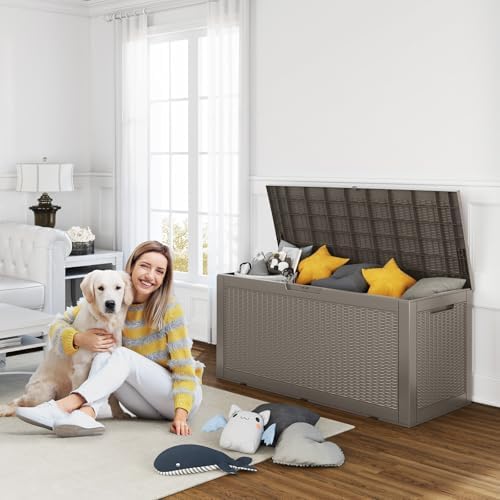 ROJIK 125 Gallon Waterproof Outdoor Deck Storage Box, Lockable Resin Patio Storage Bin with Lid for Garden Tools, Patio Cushions & Outdoor Accessories (Grey)