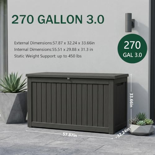 Outdoor Storage Box,270 Gallon Waterproof Deck Box [Upgraded 3.0]