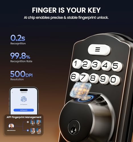 Veise VE012W-H Wi-Fi Smart Front Door Lock Set with Handle, Matte Black