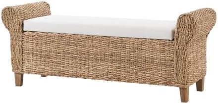 56" Rattan Storage Bench with Rolled Arms, Bohemian Farmhouse End of Bed Upholstered Benches, Interior Divided Entryway Footstool with Solid Wood Legs, Natural