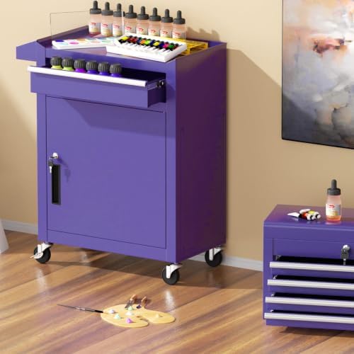 Greenvelly 5-Drawer Tool Chest with Wheels, Pre-Assembled Rolling Tool Chest, Detachable Top Tool Box, Lockable Design, Comes with Drawer Liners & Side Hooks for Garage Workshop Repair Room (Purple)