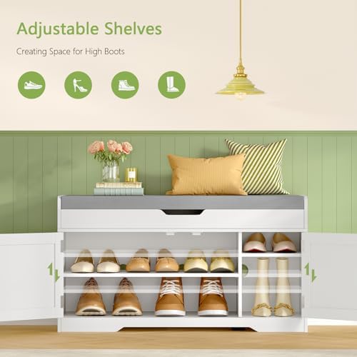 usikey Shoe Bench with Lift Top Storage, Entryway Bench with Padded Seat Cushion, Shoe Storage Bench with 2 Adjustable Shelves, for Entryway, Living Room, Bedroom, White