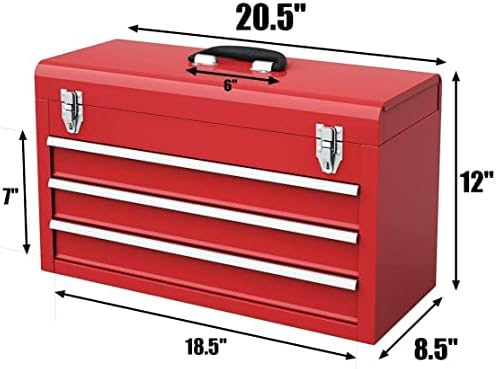 IRONMAX Portable Tool Box, Lockable Steel Tool Chest Cabinet w/ 3 Drawers & Top Tray, 3-Drawer Toolbox for Household, Warehouse, Repair Shop, Red