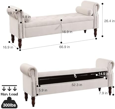 67" End of Bed Storage Bench King Size, Storage Bench for Bedroom, Velvet Bed Bench with Storage Upholstered Tufted Storage Ottoman Bench with Arms for Bedroom, Living Room, Entryway, Beige