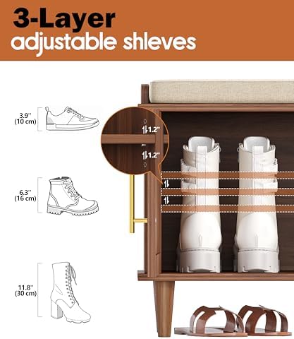 Akxomel 39.4" Rattan Shoe Storage Bench 2 Doors Entryway Bench Walnut
