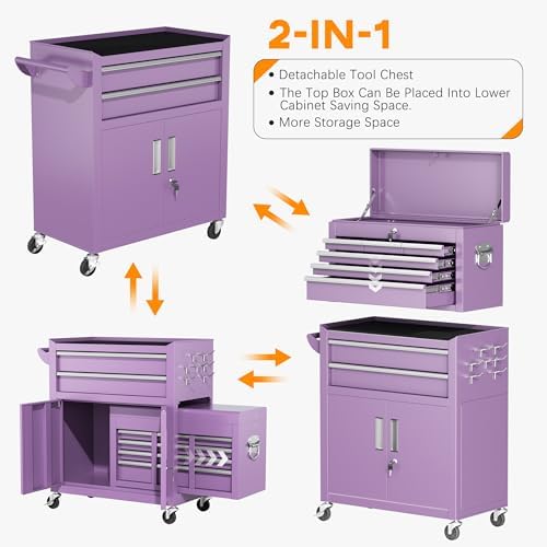 INTERGREAT Tool Chest, Assembled 8-Drawers Rolling Tool Chest with Wheels, Detachable Top Tool Box, Tool Cabinet for Repair Room,Warehouse, Rolling Tool Box with Hooks,Tray Divider,Liners(Purple)