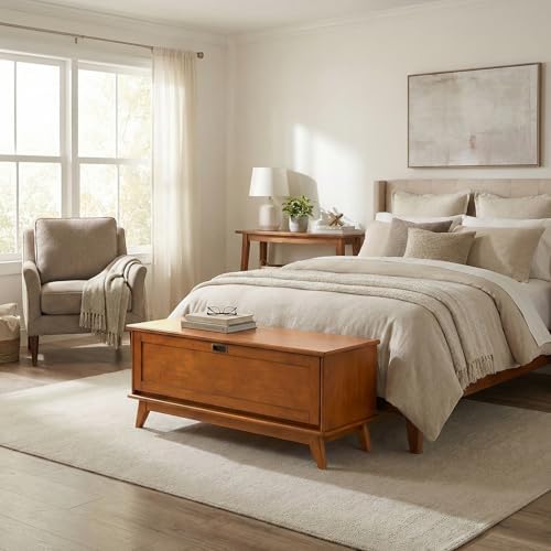 SIMPLIHOME Draper 44" Wide Solid Wood Trunk Bench in Teak Brown