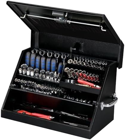 Montezuma – SM200B – 22.5-Inch Portable TRIANGLE Toolbox – Heavy-Duty Steel Construction – Metric and SAE Storage Chest – Weather-Resistant Toolbox – Lock and Latching System