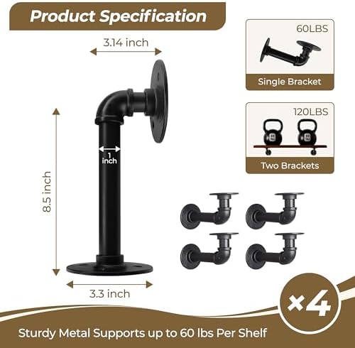 Industrial L Pipe Shelf Brackets for 9-18 in Depth Wood Heavy-Duty 3/4" Iron,Wall Mount Floating Shelf Bracket L Metal Pipe Shelving Brackets for Wood-Black DIY Pipe Shelves(8.5*3.1 Inch 4 Pack)