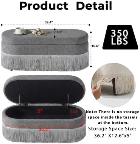 39.4“Storage Ottoman Bench with Tassels, Oval End of Bed Bench for Bedroom