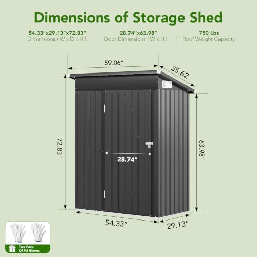 MXV 5x3 FT Outdoor Metal Storage Shed, Lockable Galvanized Steel Tool House with Sloped Roof, Waterproof Shed for Backyard, Garden, Patio, Black