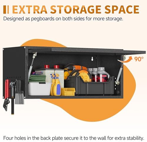 Metal Garage Wall Cabinet with Up-Flip Door,Wall-Mounted Steel Storage Cabinet, Float Tool Cabinet with Pegboard,Upper Cabinet for Kitchen,Garage,Workshop,Warehouse(13.8" H,Black)