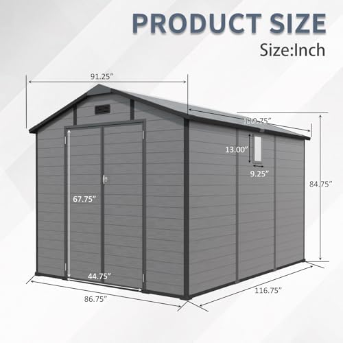 JT 8x10 FT Resin Storage Shed, Outdoor Tool Shed (Dark Grey)