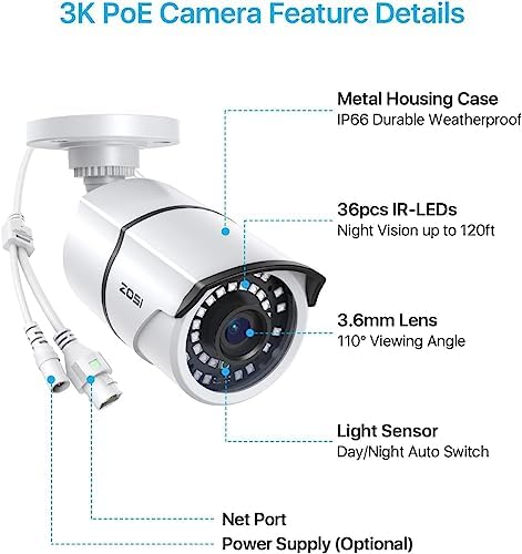zosi 2-pack 5mp add-on poe security camera with, front angle view
