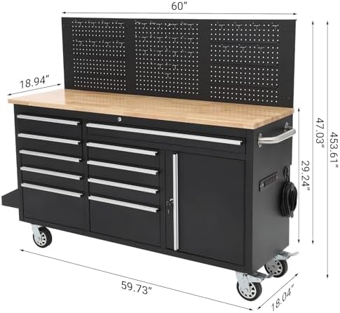 Garvee Rolling Tool Chest, 61 in Garage 10 Drawers Workbench Storage Tool Cabinet with Solid Rubber Wood Top, Power Strip, 1675 LBS Load Mobile Workstation, Heavy Duty Rolling Cabinet, Black