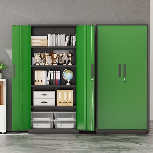 INTERGREAT Storage Cabinet with Doors and Shelves, Metal Garage Storage Cabinets with Lock, Black Lockable Steel Supply Cabinet for Home Office, Warehouse (Black Green)