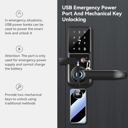 Smart Fingerprint Lock with Lever Handle, Keypad Touchscreen Keyless Entry Front Door Knob, APP Control Biometric Electronic Digital Deadbolt Set