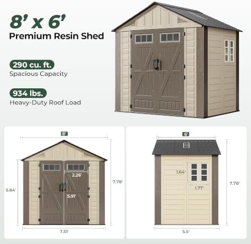 Resin Shed 8x6 FT Outdoor Storage Shed with Floor Included