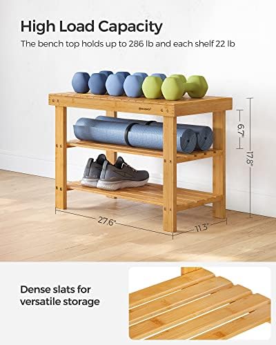 SONGMICS Shoe Rack Bench, 3-Tier Bamboo Shoe Storage Organizer, Entryway Bench, Holds Up to 286 lb, 11.3 x 27.6 x 17.8 Inches, for Entryway Bathroom Bedroom, Natural ULBS04N