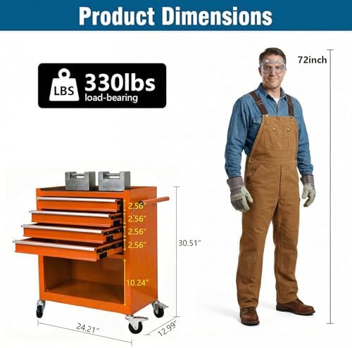4 Drawers Tool Chest on Wheels, Multifunctional Rolling Tool Cart Tool Storage with 1 Cabinet, Drawers Rolling Tool Box Organizer for Garage, Warehouse, Workshop, Repair Shop (4 Drawers-Orange)