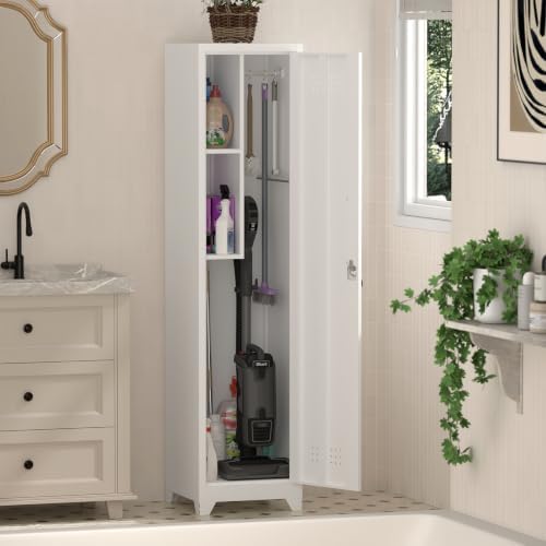 Slim Broom Storage Cabinets, Metal Cabinet with Shelves and Hanging Rod, 15.75" W Utility Storage Cabinet with Locking Door, Slim Cabinet for Small Spaces, Kitchen, Pantry, Office, Shop
