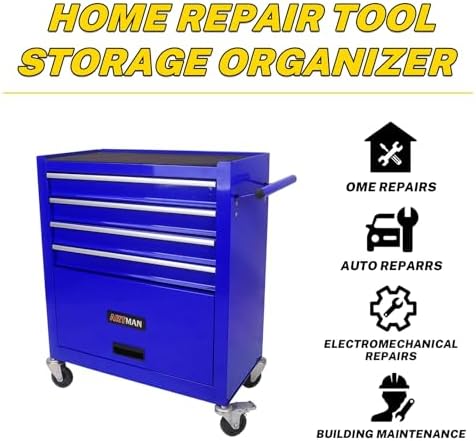 4-Drawer Heavy-Duty Rolling Tool Chest with Wheels, Steel Storage Organizer Cart with Handle, Metal Tool Cabinet for Garage, Workshop, and Repair Shop
