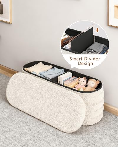 GLAXYFUR Storage Ottoman Bench, 43" Entryway Shoe Seat, Sherpa White