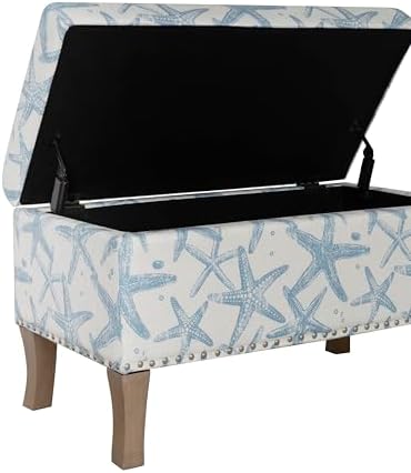 Linon Stephanie Cream and Light Blue Starfish Fully Upholstered Bench with Hidden Interior Storage