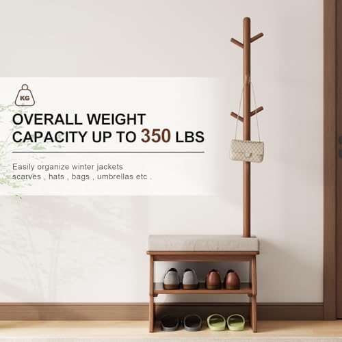 Coat Rack with Shoe Storage, Shoe Rack with 8 Hook, Walnut