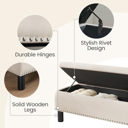 Furniliving Large Storage Ottoman, Beige, Wood Frame, Linen Fabric, 285 Lbs Capacity